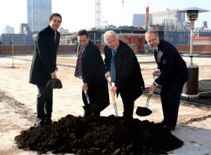 : Officials break ground on M2, the luxury high-rise in downtown Jersey City. From left to right: Steven Fulop, Mayor of Jersey City; Peter Mangin, principal of Garden State Development; Carl Goldberg, Co-president of Roseland; and Mark Sheeleigh, vice president of development for Roseland.
