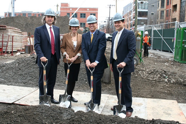 (From Left To Right): Peter Palandjian, Chairman and CEO of Intercontinental Real Estate Corporation, Hoboken Mayor Dawn Zimmer, Larry Bijou, Managing Partner of Bijou Properties and David Gaber, Partner and CFO of Bijou Properties, break ground for 900 Monroe, an 11-story, 135-unit mixed-use luxury rental building located at 9th and Monroe Streets adjacent to the 9th Street Light Rail Station in the Hudson County, N.J. City.